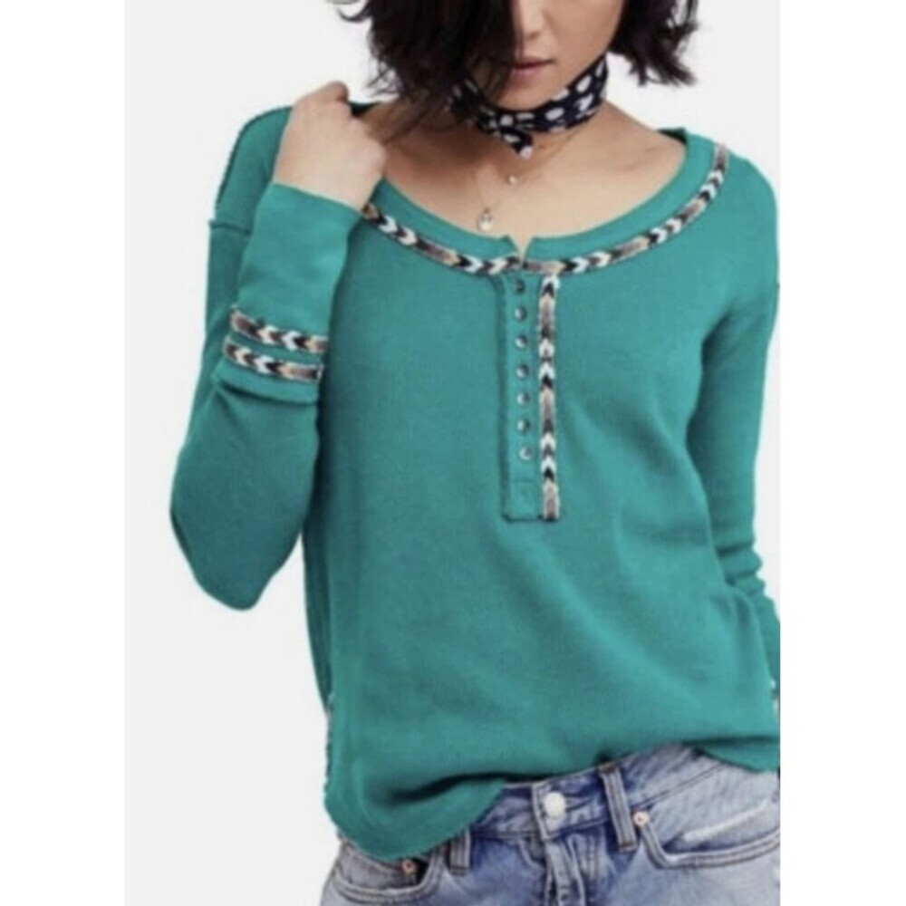 We The Free People Rainbow Thermal Henley Top Women's XS Teal Waffle Knit Boho